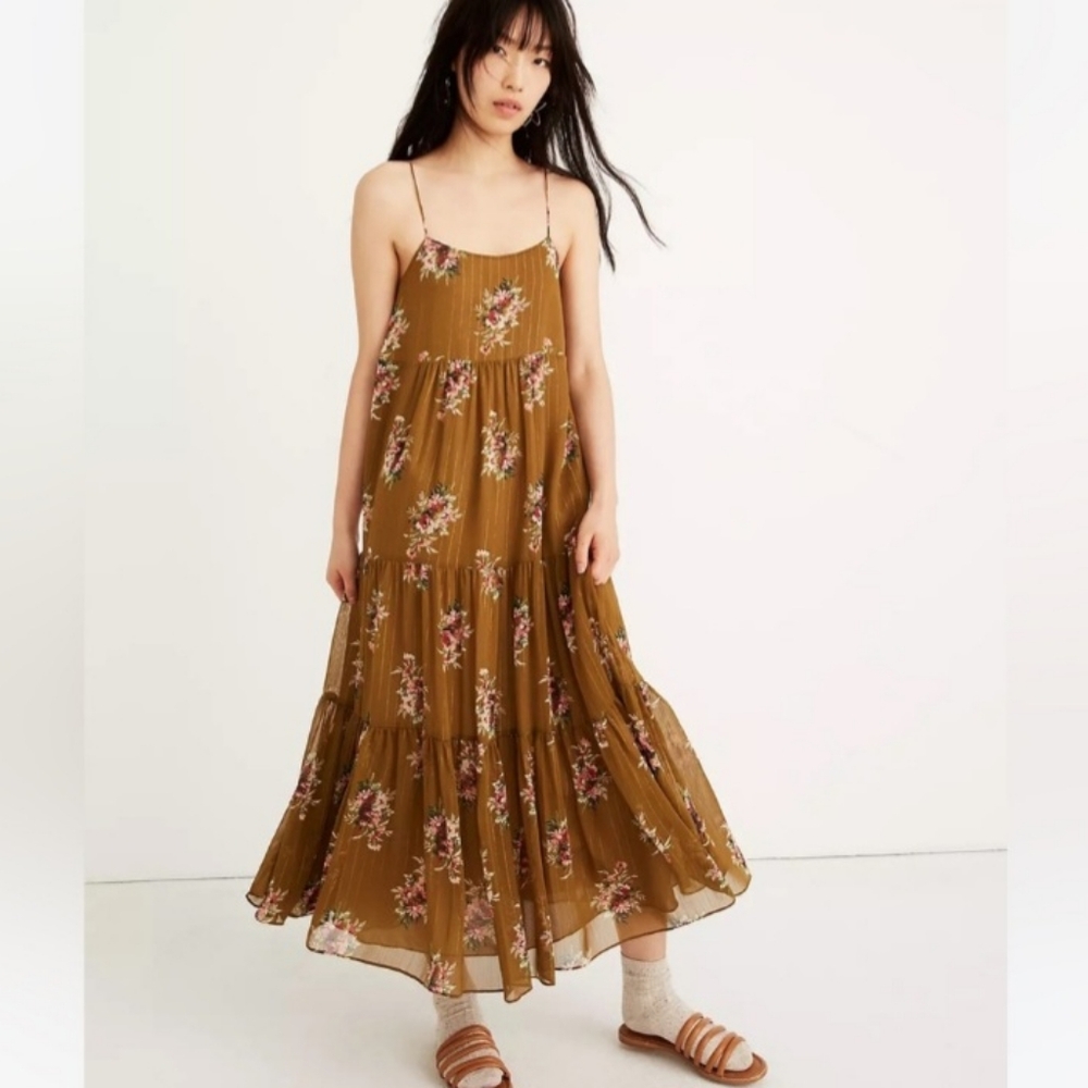 Madewell Floral Midi Dress in Mustard Brown